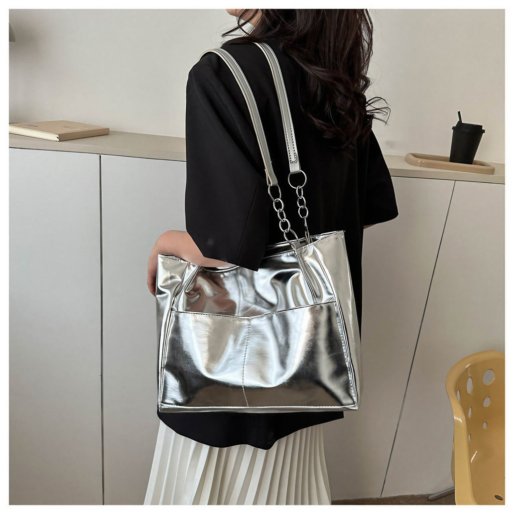 Sac cabas argenté femme effet miroir, anses à maillons