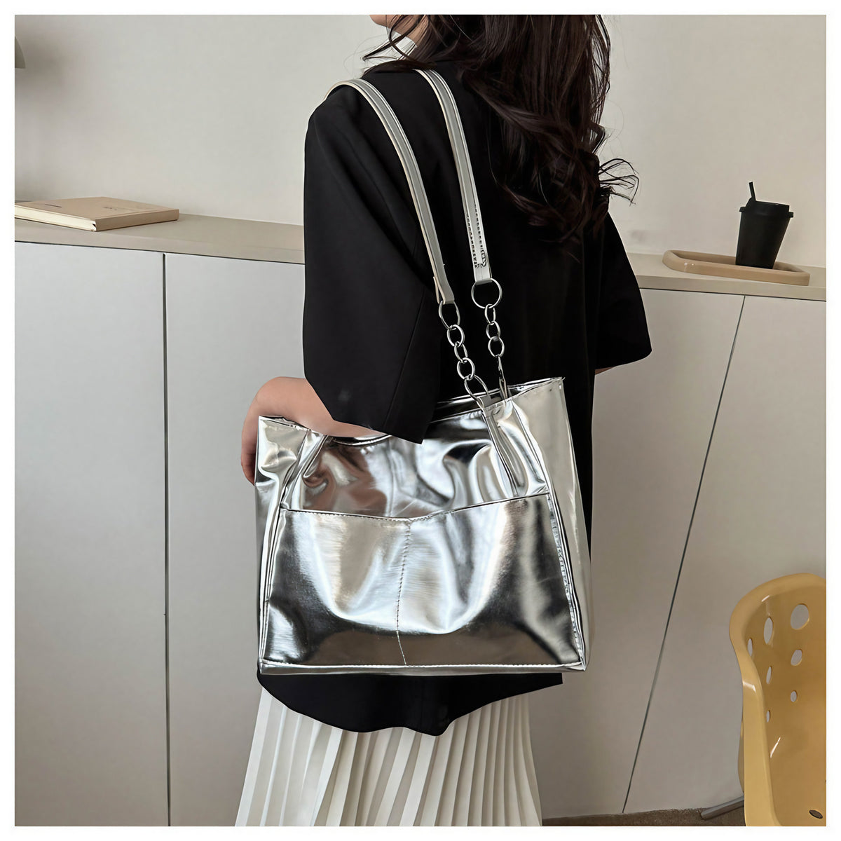 Sac cabas argenté femme effet miroir, anses à maillons