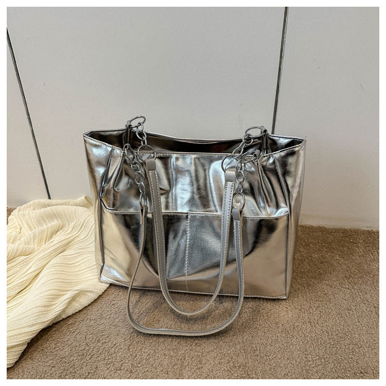 Sac cabas argenté femme effet miroir, anses à maillons