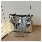 Sac cabas argenté femme effet miroir, anses à maillons