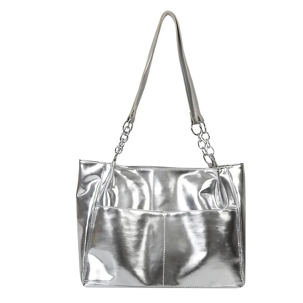 Sac cabas argenté femme effet miroir, anses à maillons, argenté