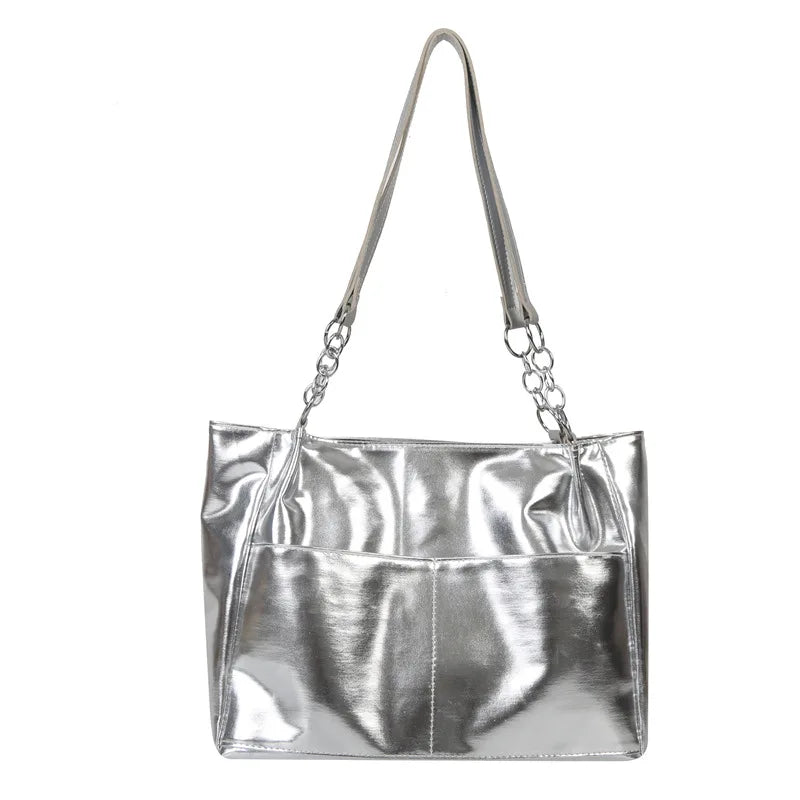 Sac cabas argenté femme effet miroir, anses à maillons, argenté