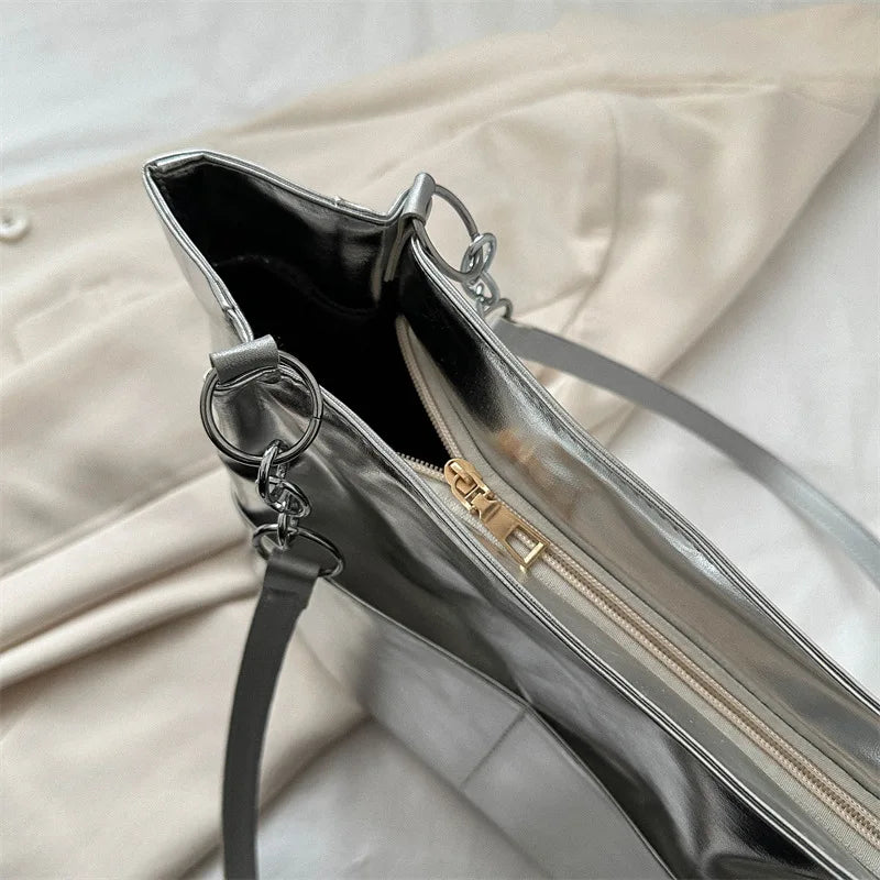 Sac cabas argenté femme effet miroir, anses à maillons