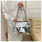 Sac cabas argenté femme effet miroir, anses à maillons