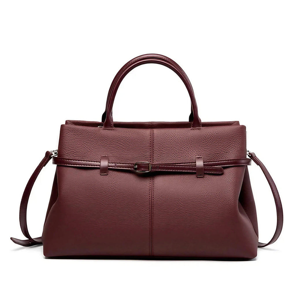Sac cabas structuré femme, détail ceinture, quatre coloris, rouge foncé
