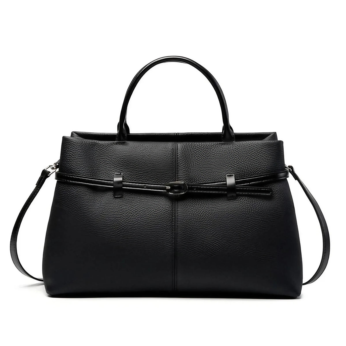 Sac cabas structuré femme, détail ceinture, quatre coloris, noir
