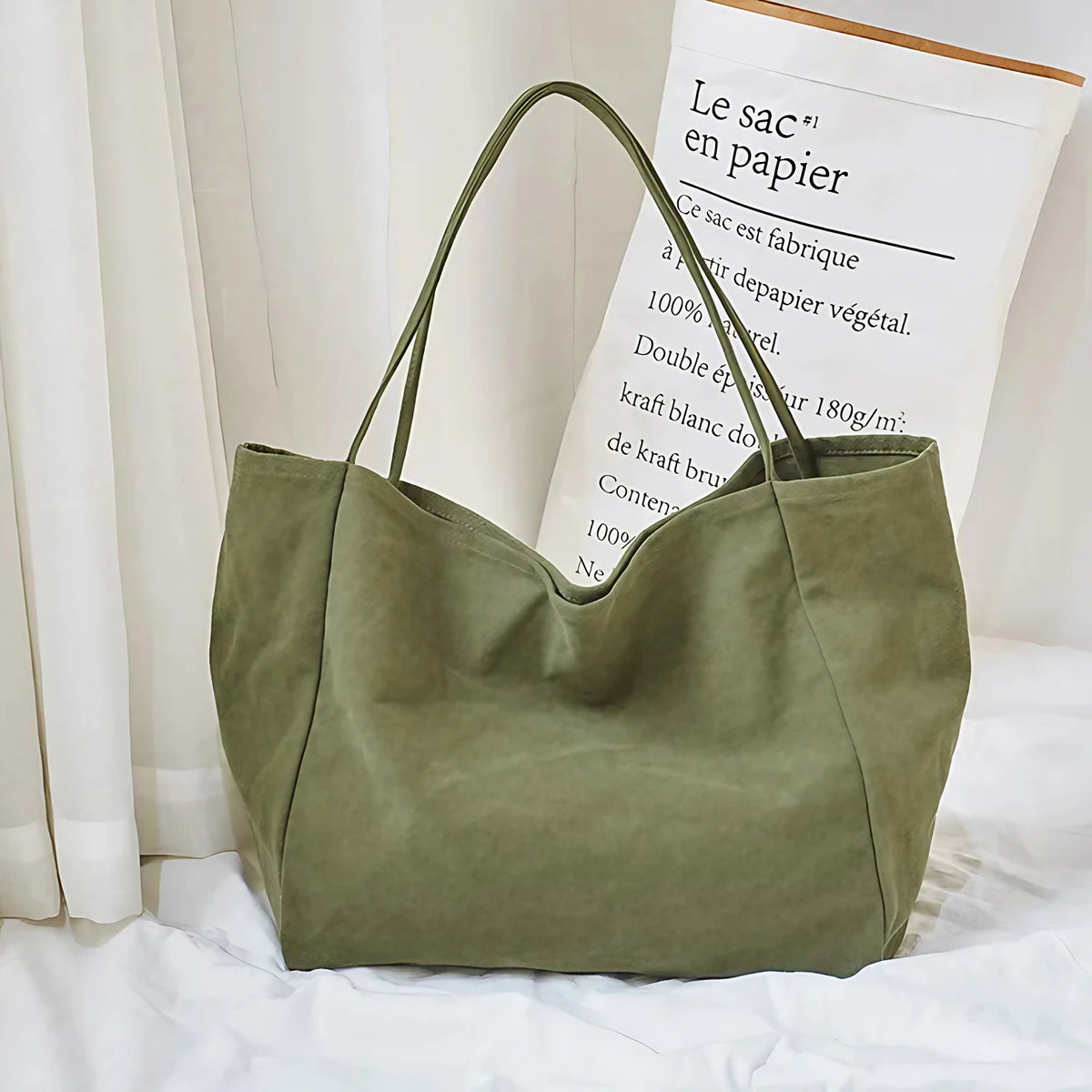 Grand sac cabas en tissu femme, pliable et lavable en machine, vert