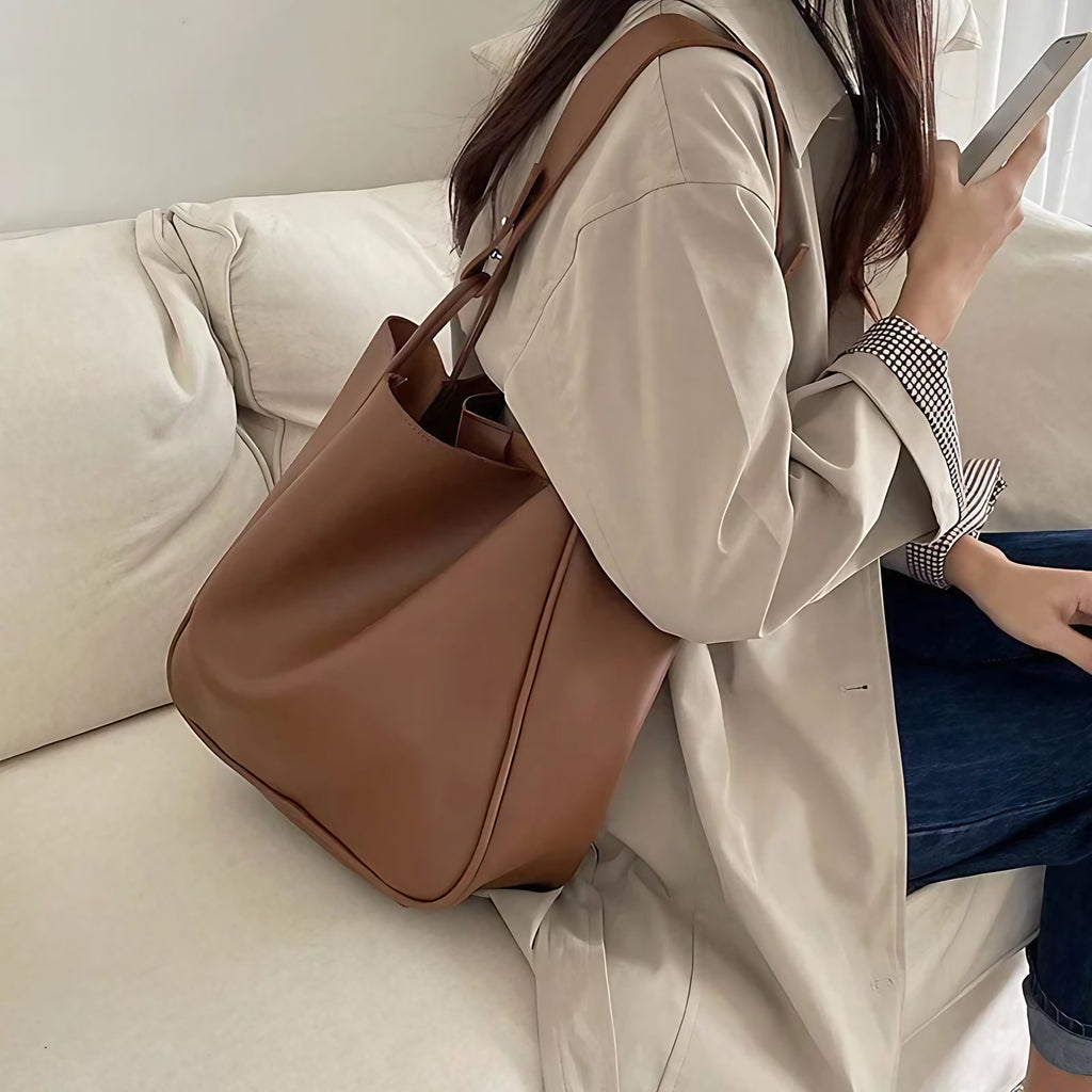 Grand sac cabas femme en similicuir, bandoulière réglable, marron