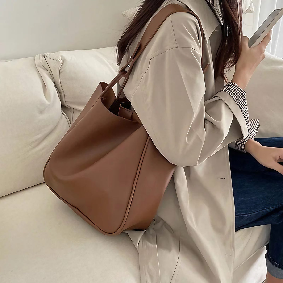 Grand sac cabas femme en similicuir, bandoulière réglable, marron