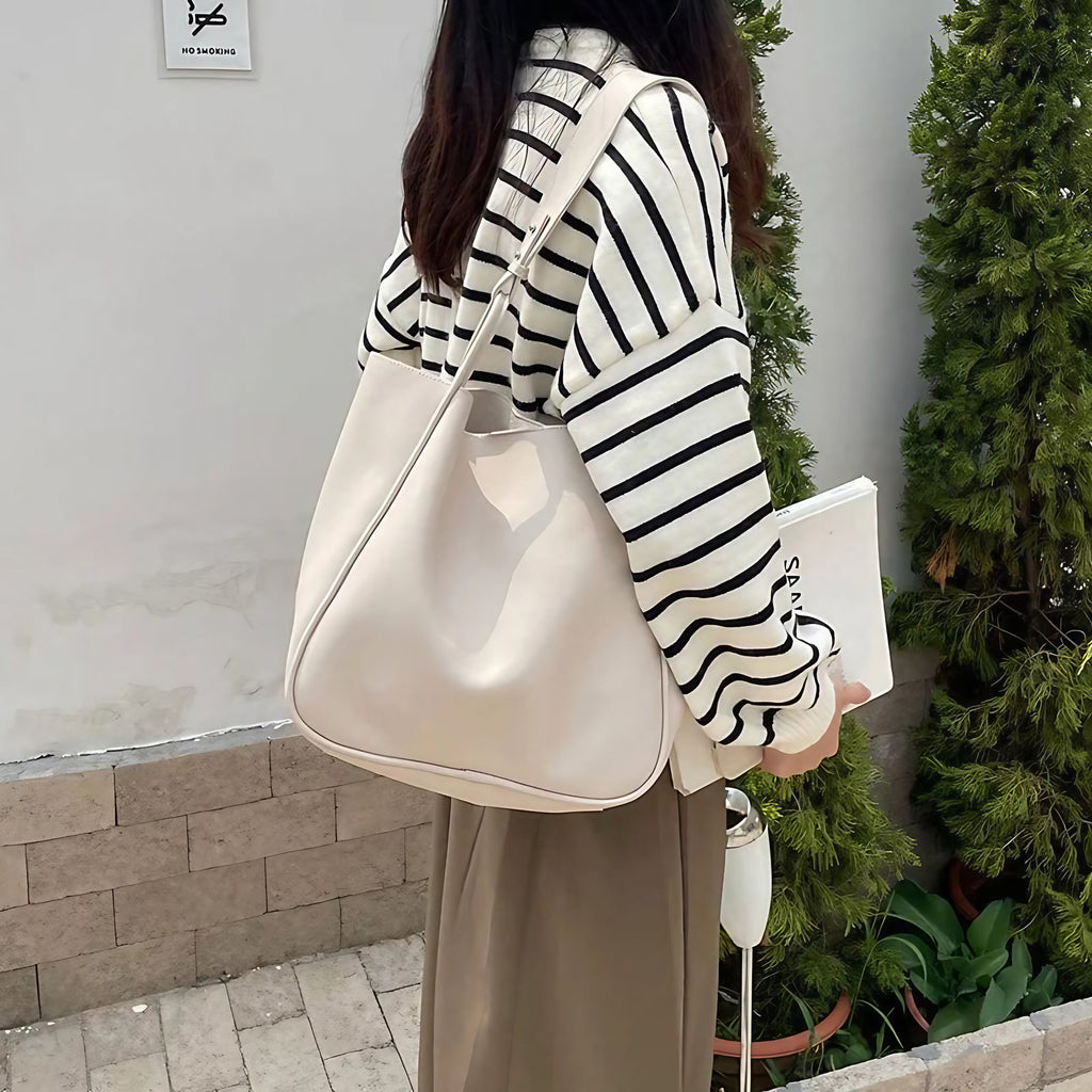 Grand sac cabas femme en similicuir, bandoulière réglable, beige