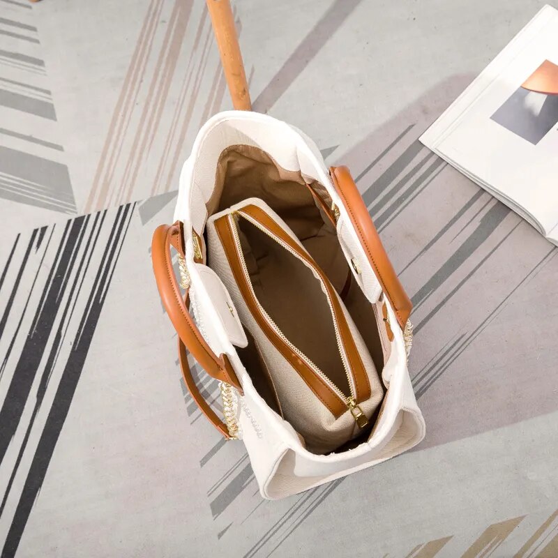 Grand sac cabas femme en toile crème, broderie de perles