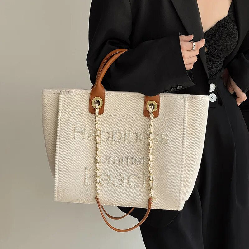 Grand sac cabas femme en toile crème, broderie de perles