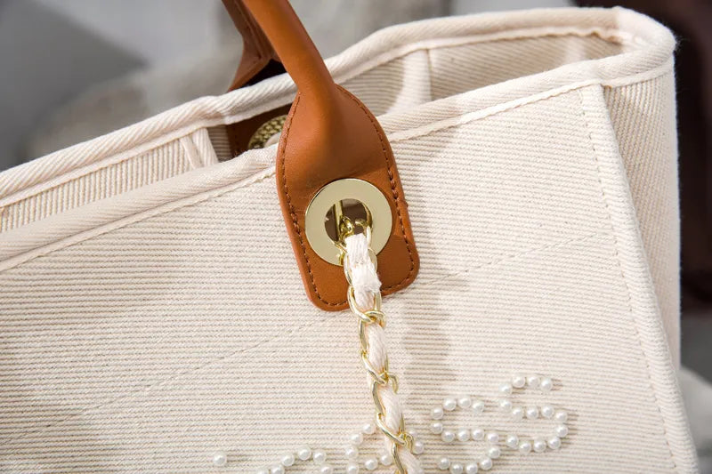 Grand sac cabas femme en toile crème, broderie de perles