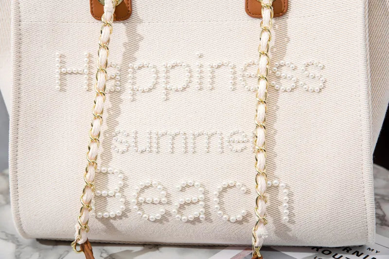 Grand sac cabas femme en toile crème, broderie de perles
