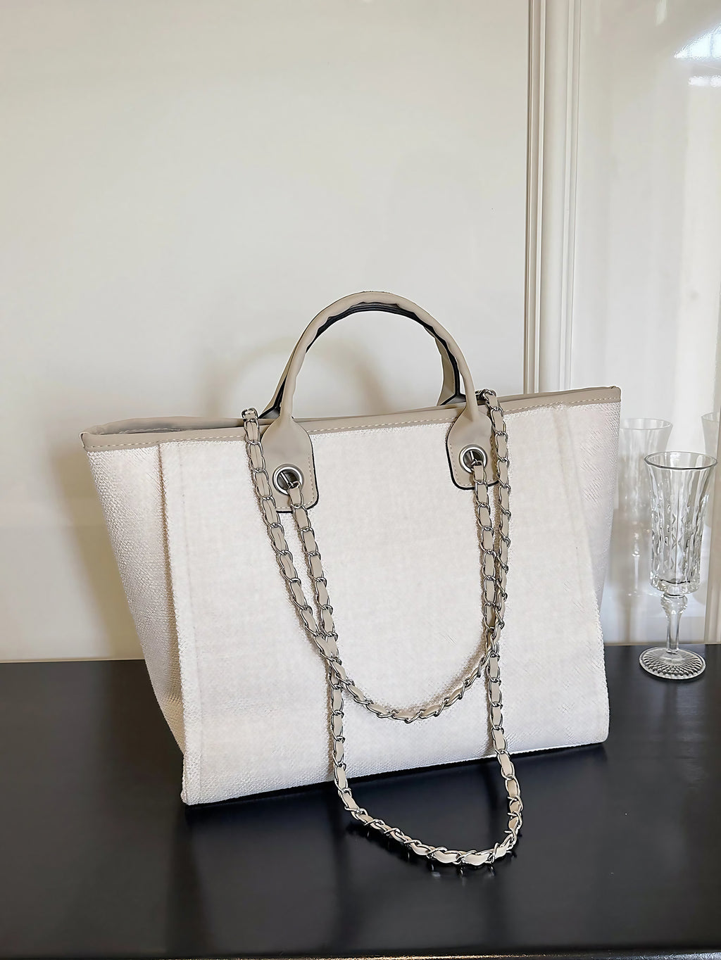 Grand sac cabas femme en toile, chaîne d'épaule, zippé, gris