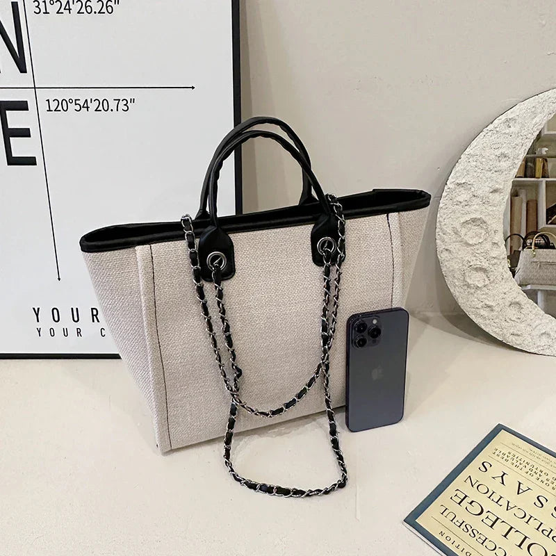 Grand sac cabas femme en toile, chaîne d'épaule, zippé