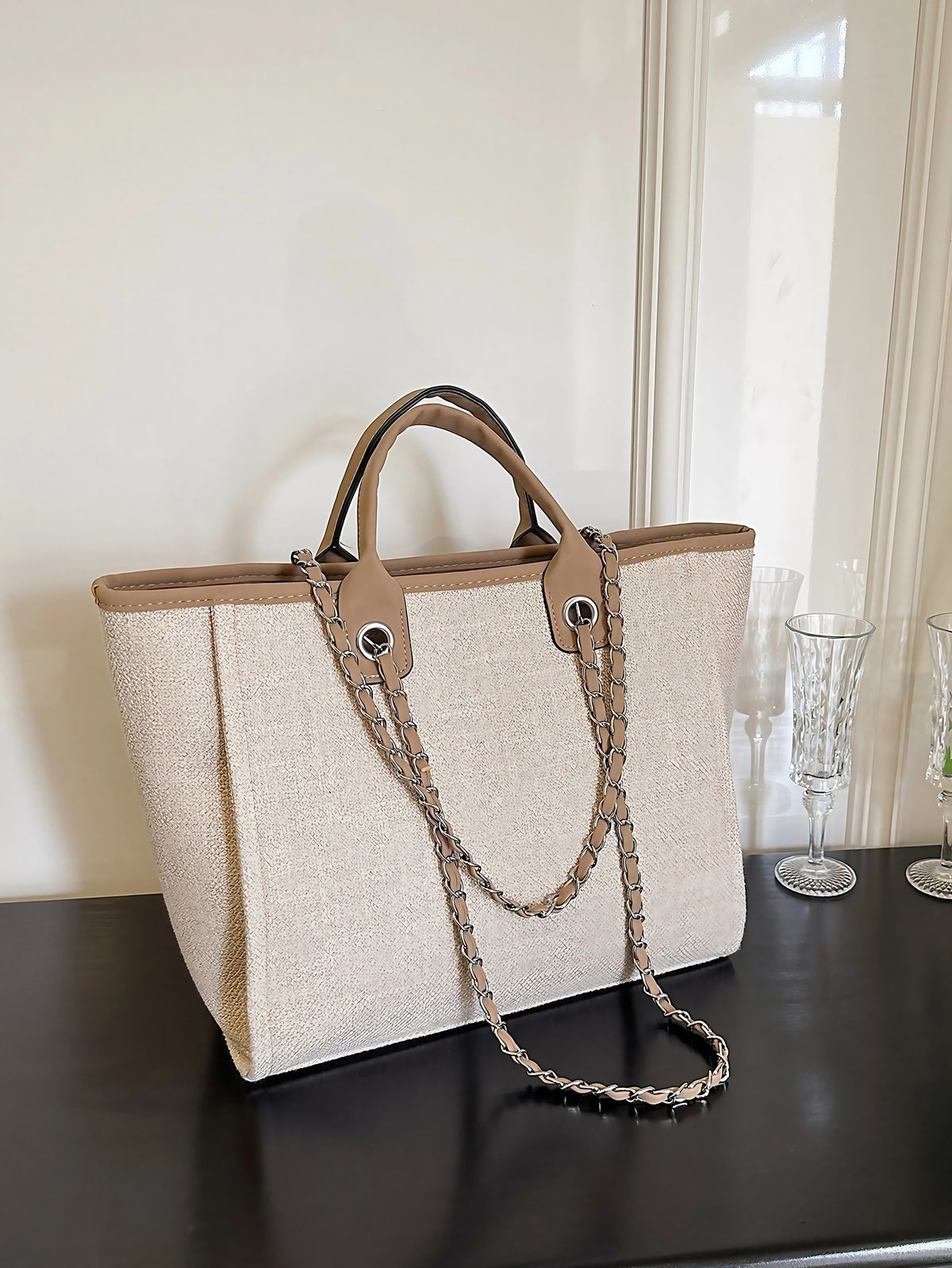 Grand sac cabas femme en toile, chaîne d'épaule, zippé, beige
