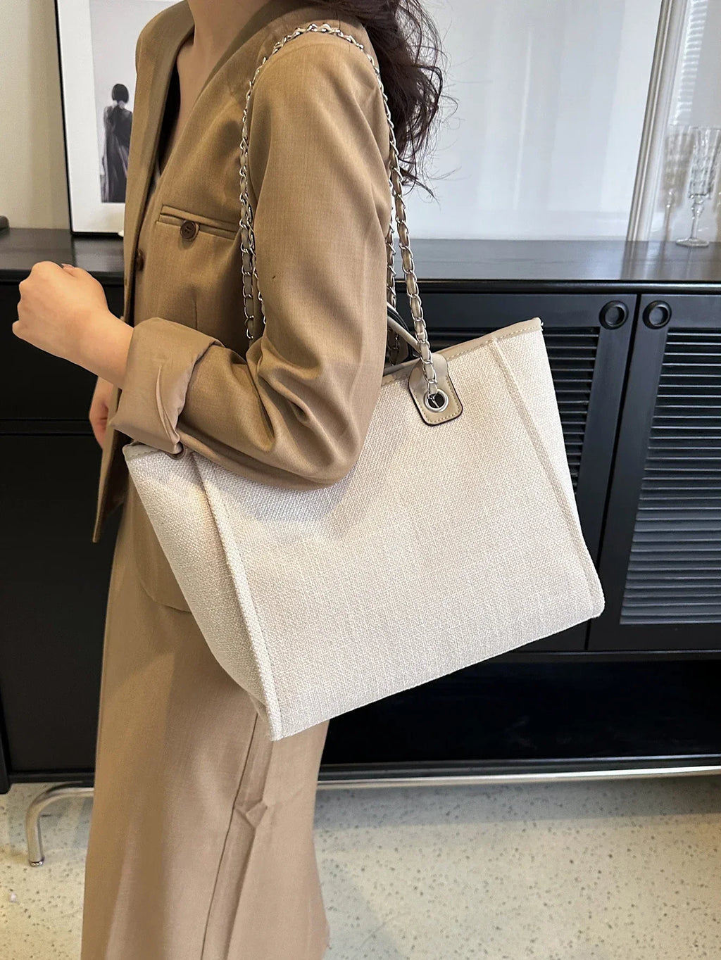 Grand sac cabas femme en toile, chaîne d'épaule, zippé