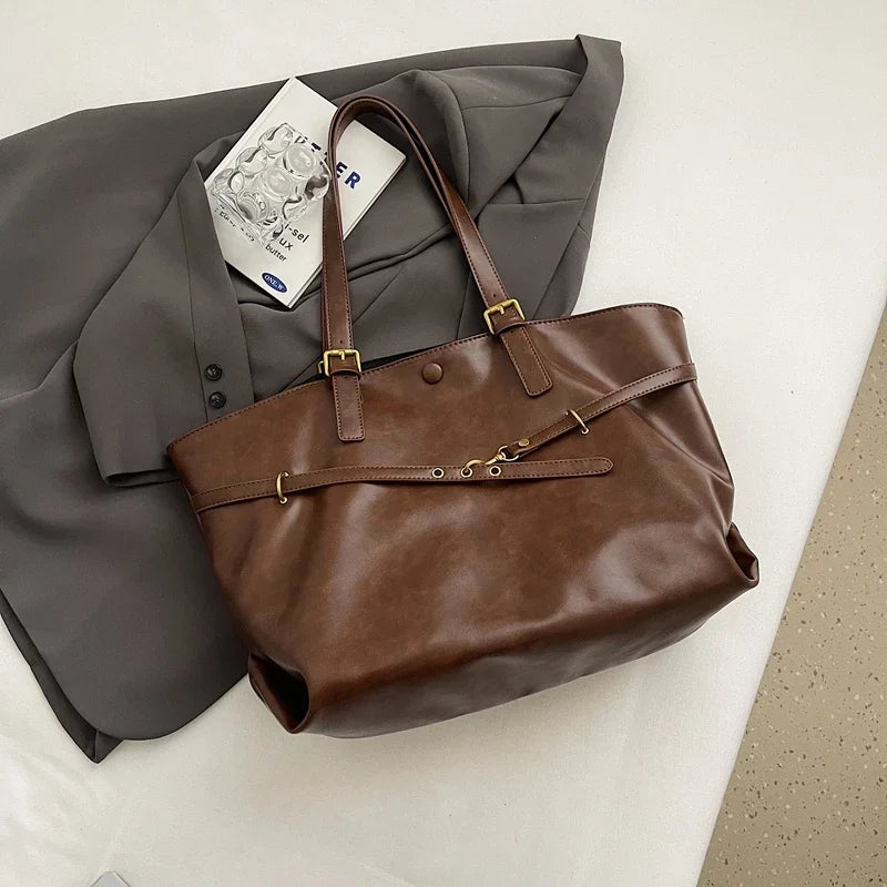 Grand sac cabas femme en similicuir, fermeture aimantée, marron