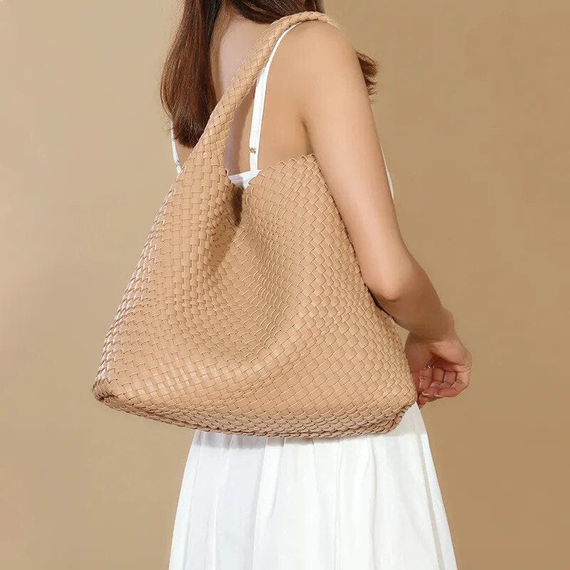 Sac cabas tressé femme avec pochette assortie, quatre coloris