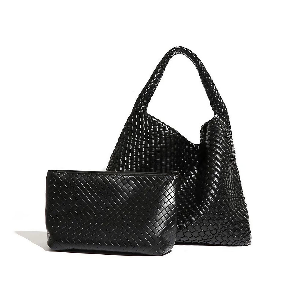 Sac cabas tressé femme avec pochette assortie, quatre coloris, noir