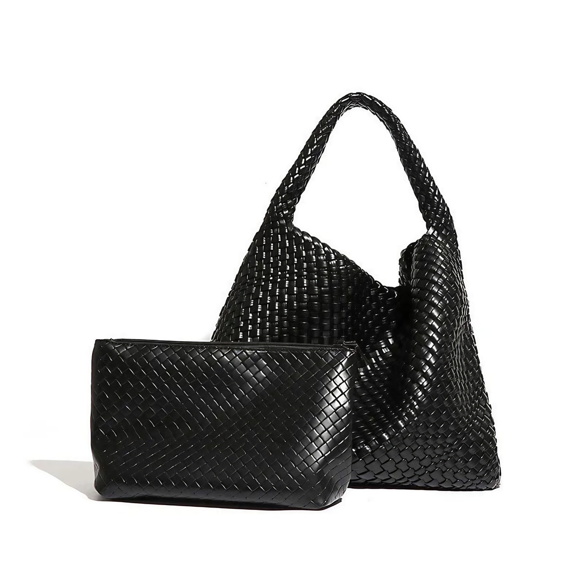 Sac cabas tressé femme avec pochette assortie, quatre coloris, noir