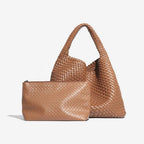 Sac cabas tressé femme avec pochette assortie, quatre coloris, marron