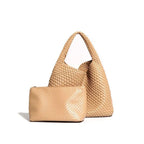 Sac cabas tressé femme avec pochette assortie, quatre coloris, abricot