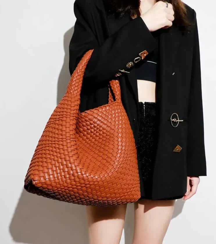 Sac cabas tressé femme avec pochette assortie, quatre coloris