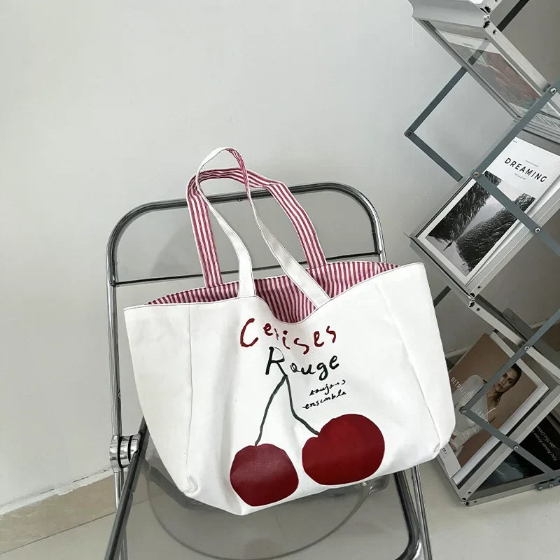 Sac cabas réversible femme, motif cerises et rayures
