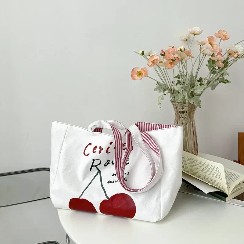 Sac cabas réversible femme, motif cerises et rayures
