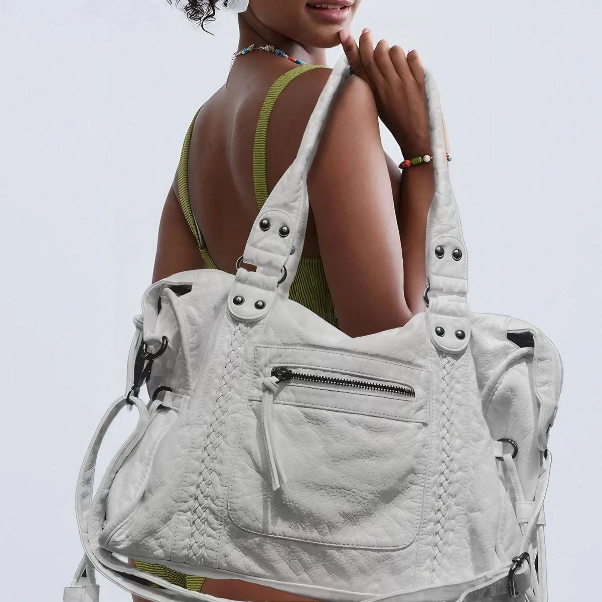 Sac de cours femme blanc en similicuir, deux anses, bandoulière, blanc