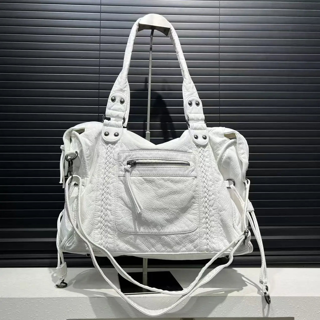 Sac de cours femme blanc en similicuir, deux anses, bandoulière