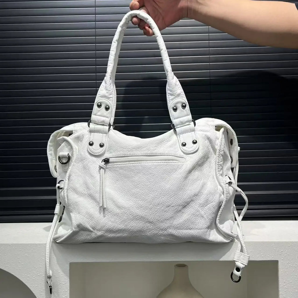 Sac de cours femme blanc en similicuir, deux anses, bandoulière