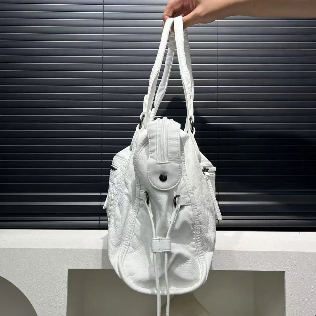 Sac de cours femme blanc en similicuir, deux anses, bandoulière