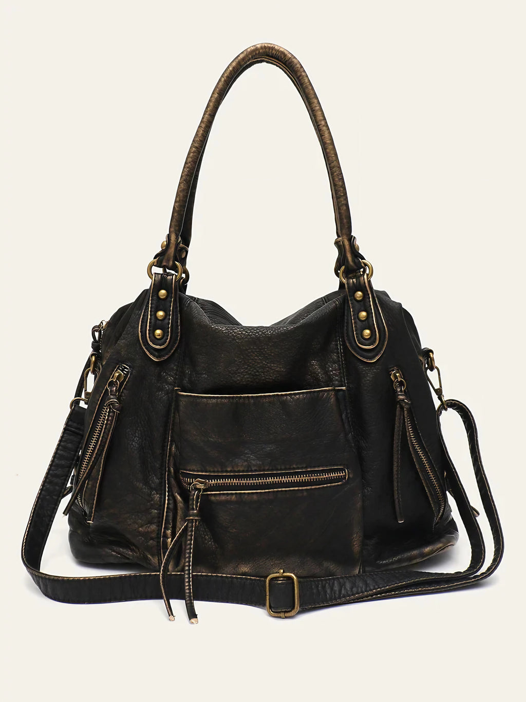 Grand sac de cours femme en similicuir zippé, 36 x 26 x 15 cm, noir mordoré