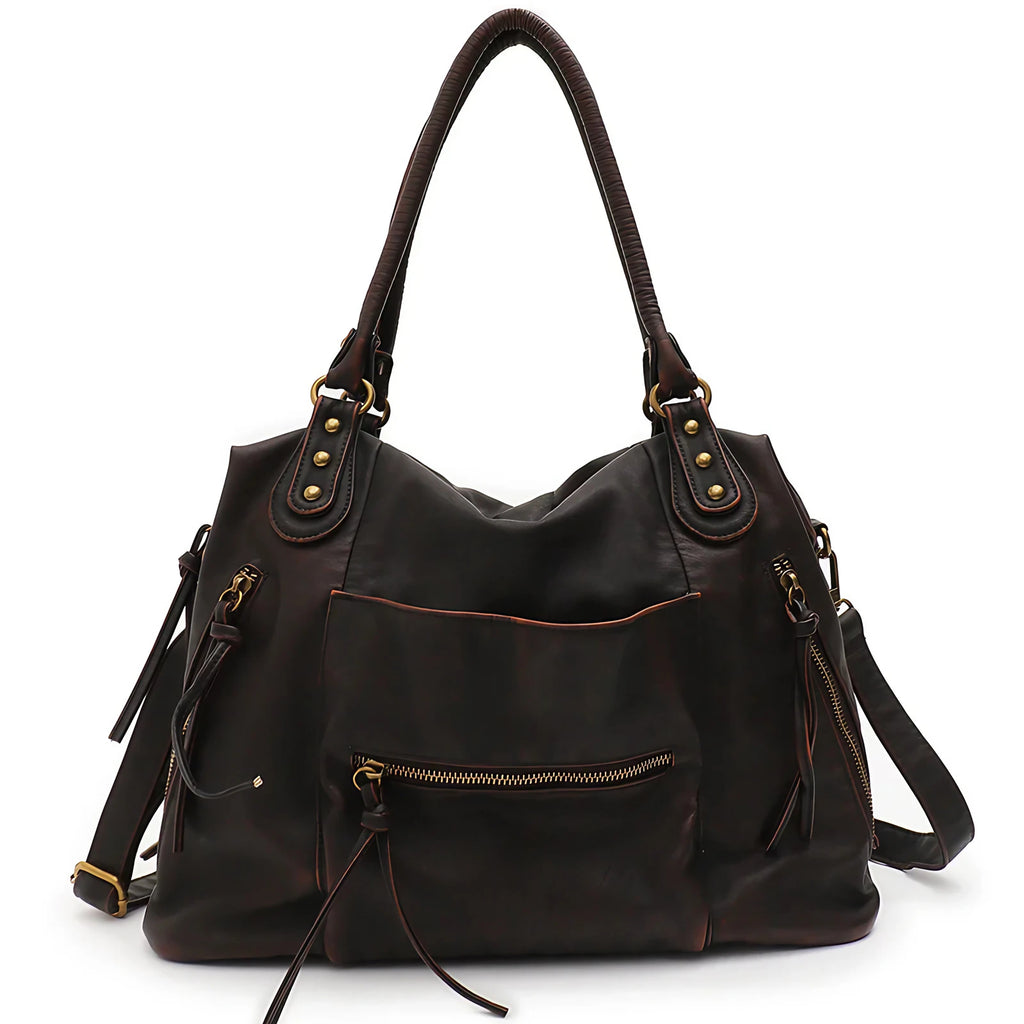 Grand sac de cours femme en similicuir zippé, 36 x 26 x 15 cm, café