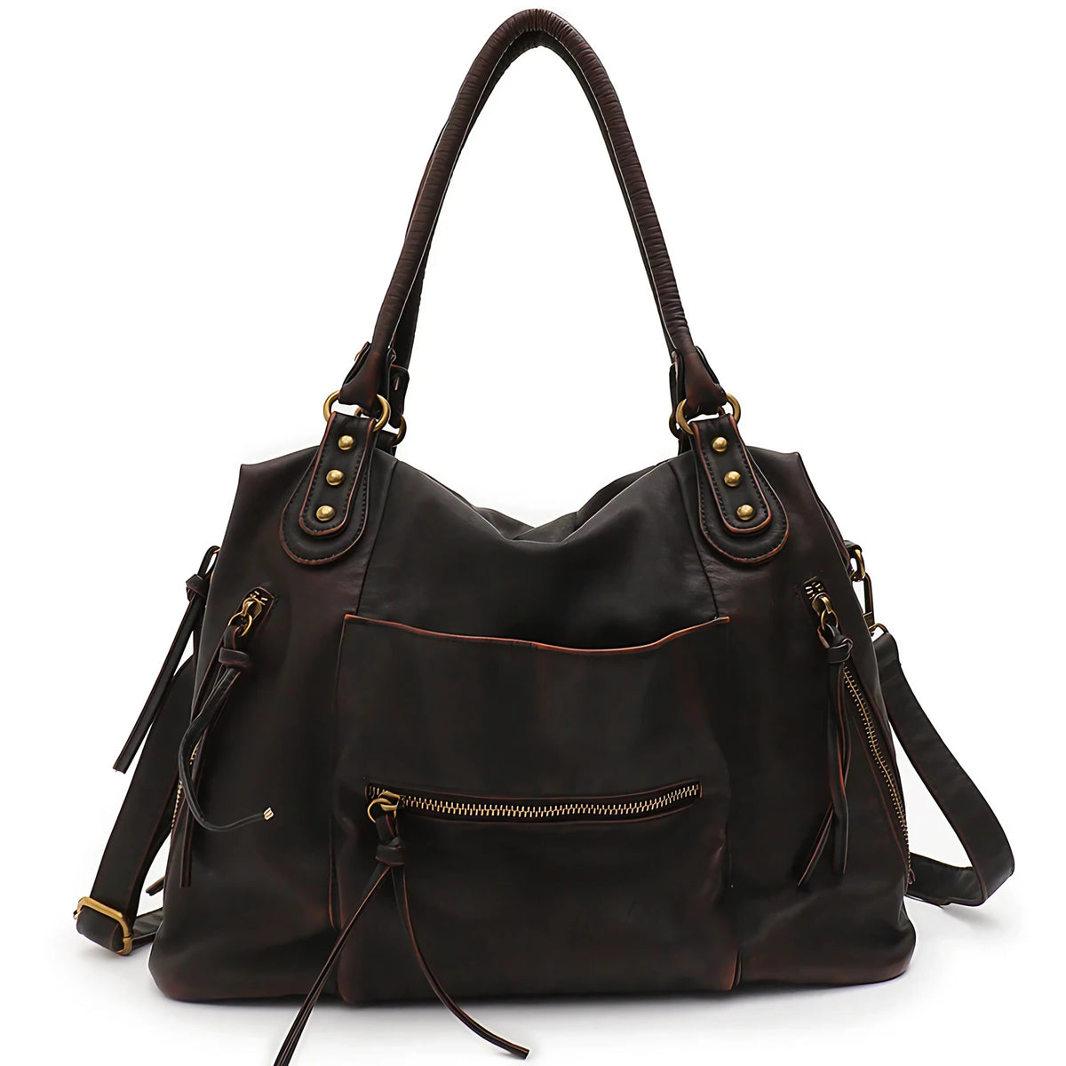 Grand sac de cours femme en similicuir zippé, 36 x 26 x 15 cm, café