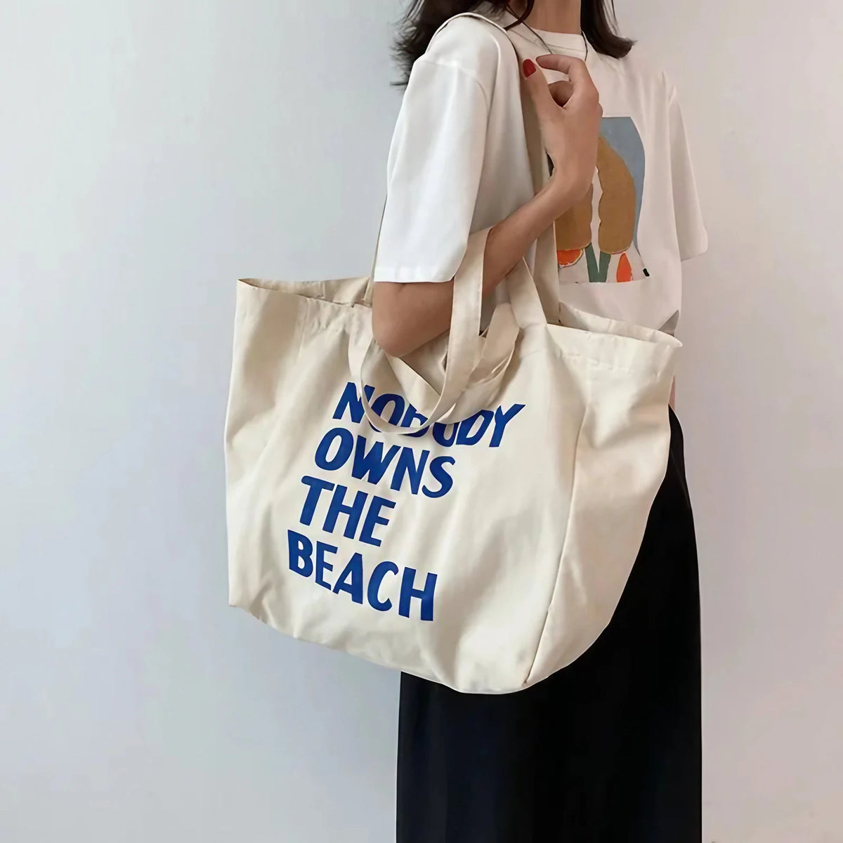 Sac de plage en toile blanc à inscription, lavable en machine, blanc