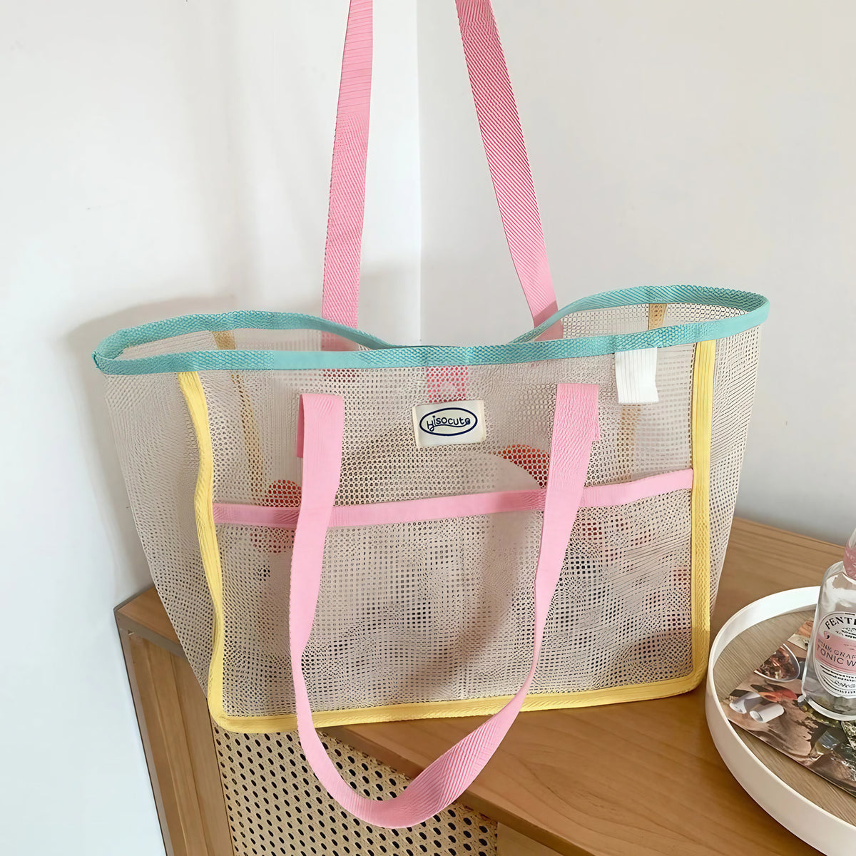 Sac de plage femme en filet pliable, deux poches extérieures, rose