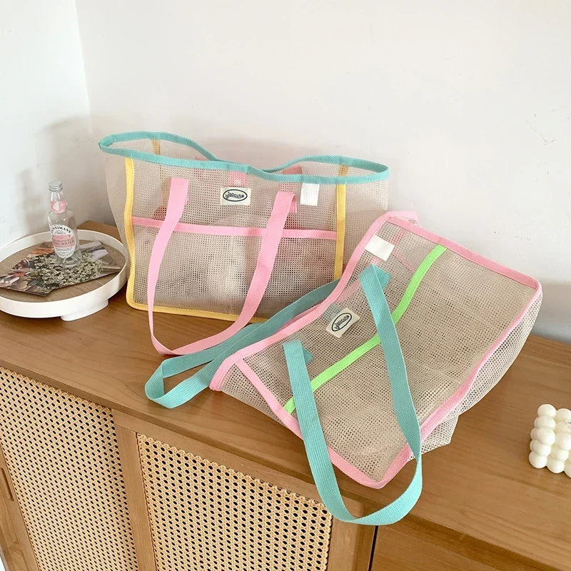 Sac de plage femme en filet pliable, deux poches extérieures