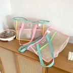 Sac de plage femme en filet pliable, deux poches extérieures
