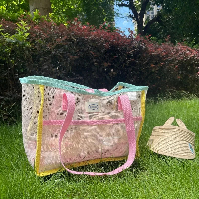 Sac de plage femme en filet pliable, deux poches extérieures