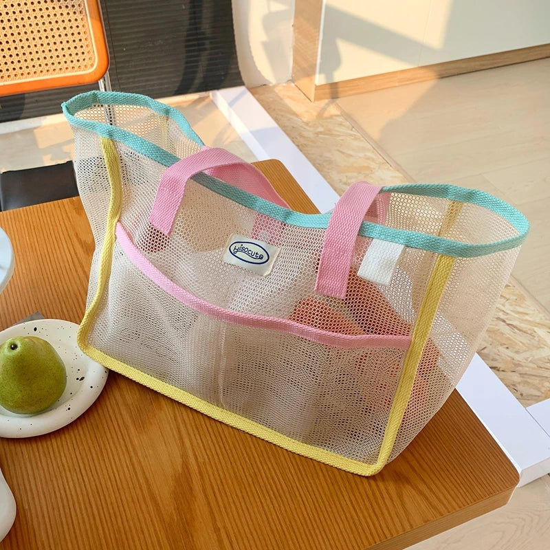 Sac de plage femme en filet pliable, deux poches extérieures