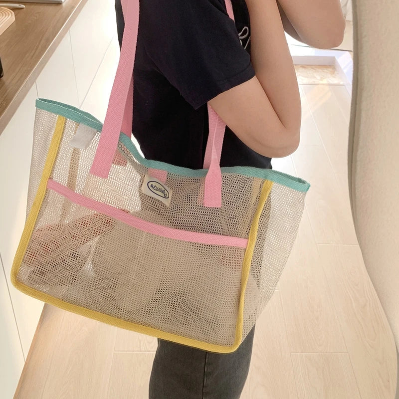 Sac de plage femme en filet pliable, deux poches extérieures