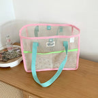Sac de plage femme en filet pliable, deux poches extérieures, bleu