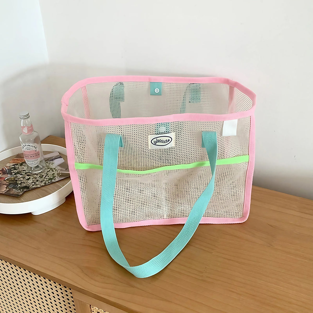 Sac de plage femme en filet pliable, deux poches extérieures, bleu