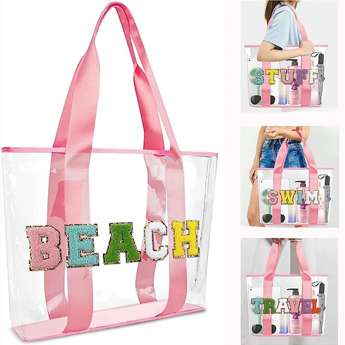 Sac de plage rose à inscription en éponge, quatre modèles