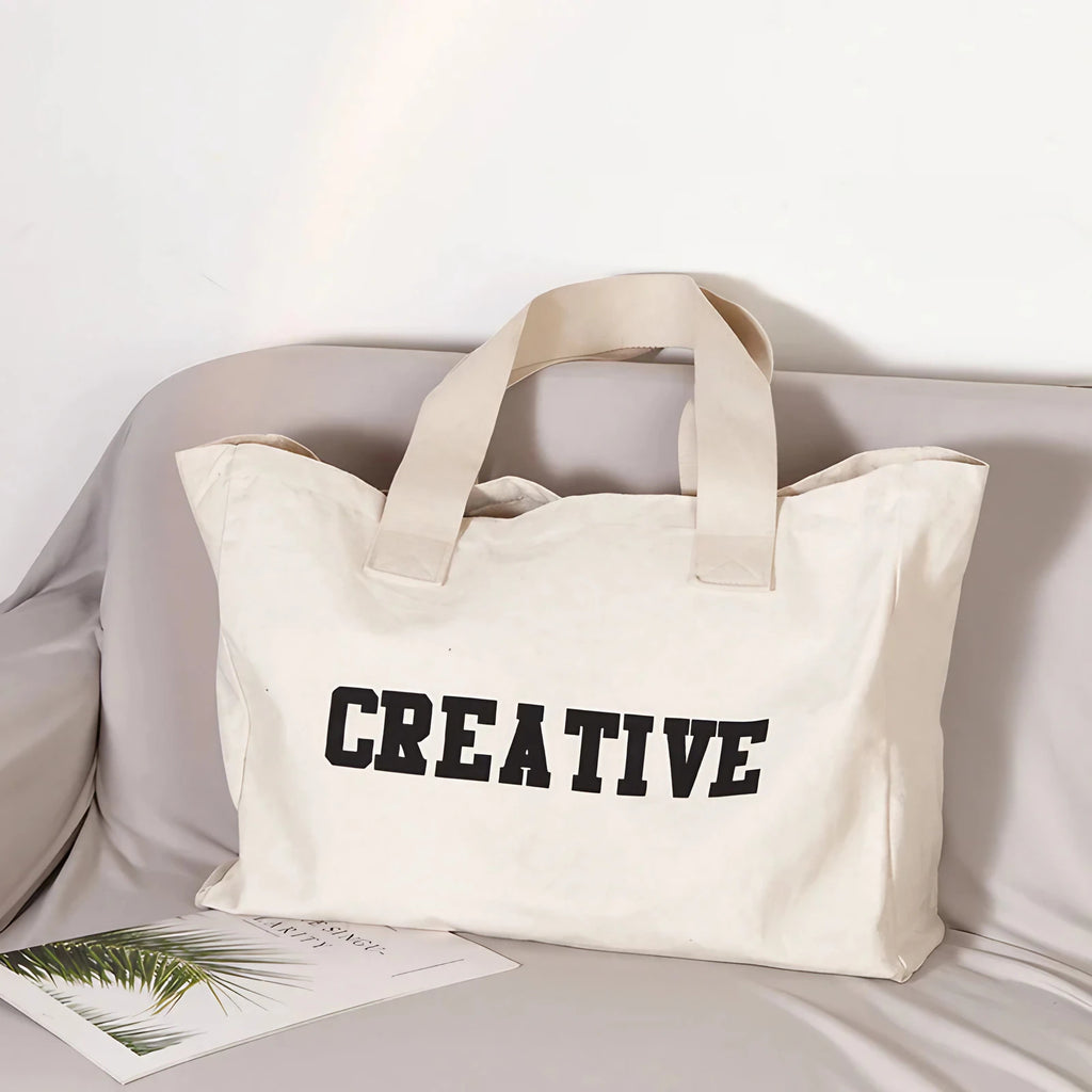 Sac de plage en tissu crème, grande capacité, lavable en machine