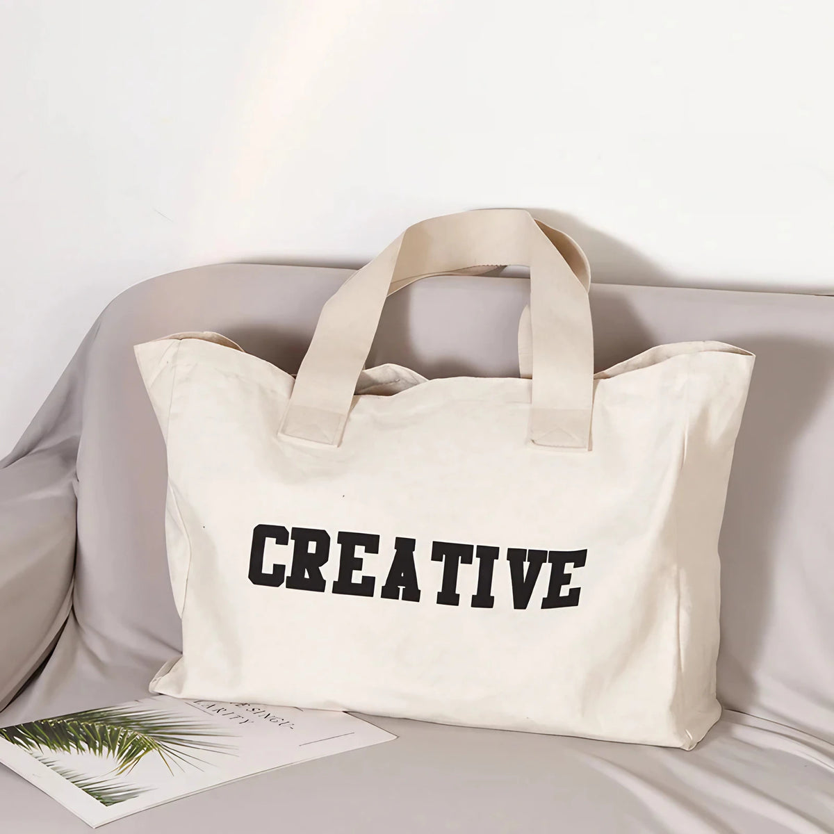 Sac de plage en tissu crème, grande capacité, lavable en machine